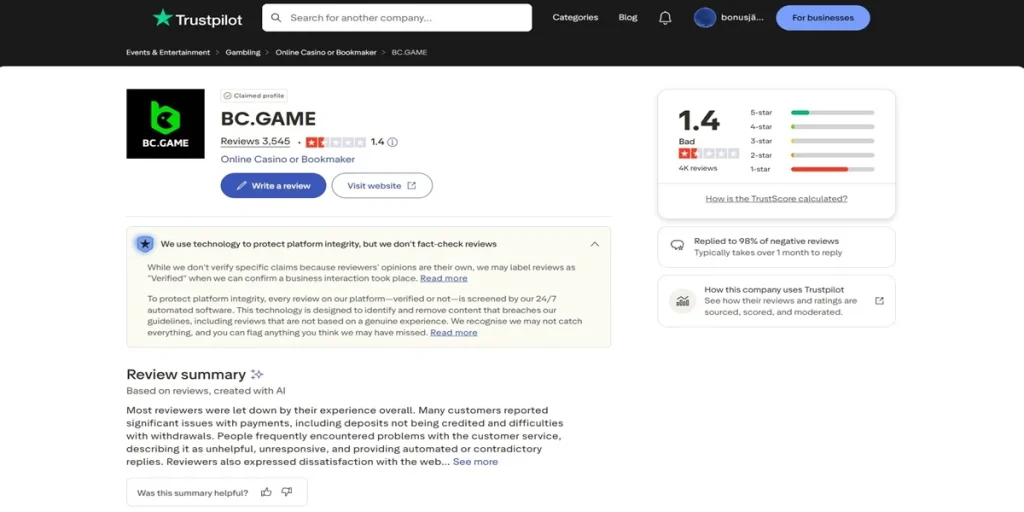 Aktuelle BC.GAME Trustpilot Bewertungen – Erfahrungen deutscher Spieler mit dem Casino ohne GGL Lizenz und Auszahlungsproblemen im Check 2026