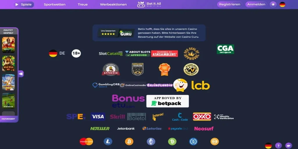 Bet It All Casino Reputation: Zertifizierungen von AskGamblers, Casino Guru und SlotCatalog sowie unterstützte Zahlungsmethoden wie Visa, Skrill und Kryptowährungen.