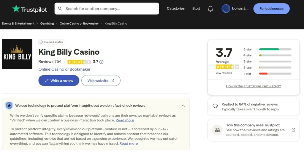 King Billy Casino Bewertungen auf Trustpilot: Über 60% 5-Sterne-Ratings und positives Feedback zu schnellen Auszahlungen und fairen Bonusbedingungen.