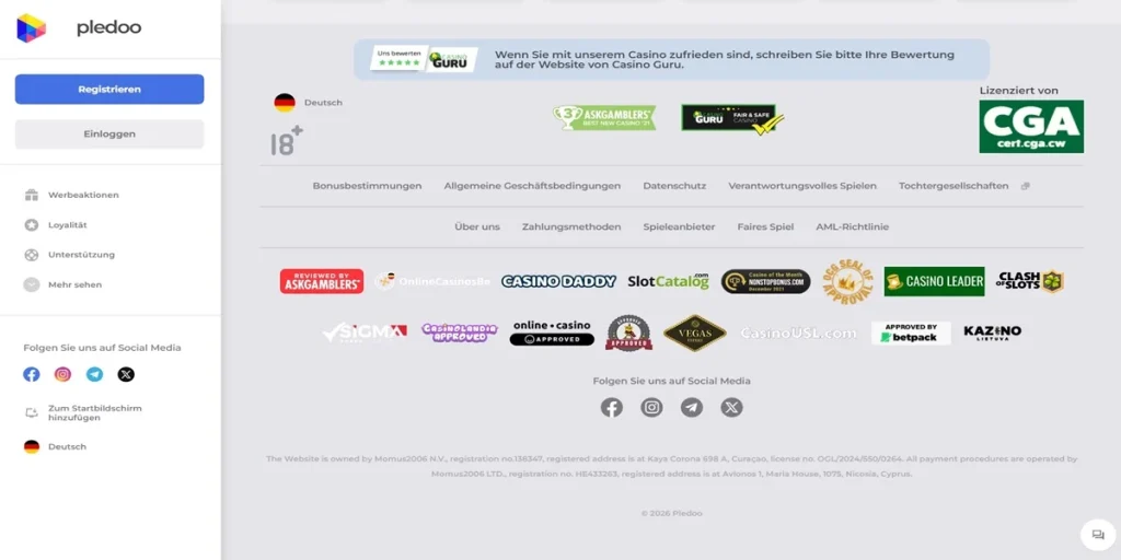 Pledoo Casino Footer mit AskGamblers Zertifikat, Casino Guru Siegel und Curacao Lizenz für sicheres Online Glücksspiel.