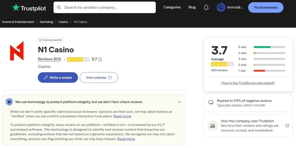 N1 Casino Trustpilot 