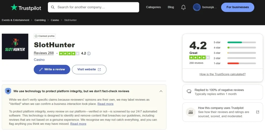 Slot Hunter Casino Bewertung auf Trustpilot: Ausgezeichneter Score von 4.2 Sternen. Das Bild zeigt eine hohe Kundenzufriedenheit und eine 100%ige Antwortrate des Casinos auf negative Rezensionen.