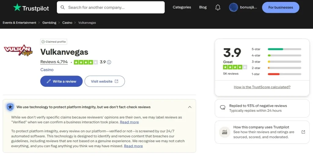 Trustpilot Vulkan Vegas