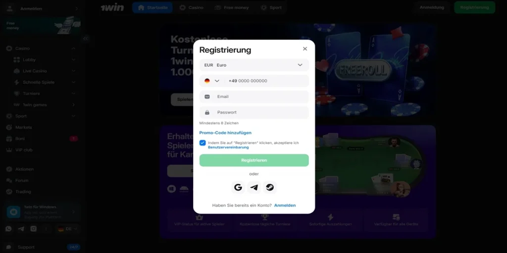 Registrierung bei 1win und Login