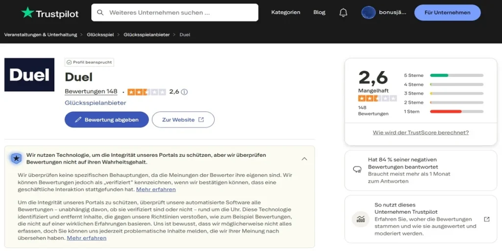 Duel Casino Trustpilot