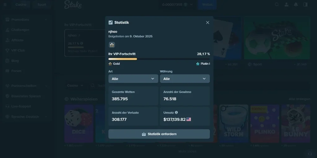Persönliche Stake Statistik: 385.795 Wetten, 137.139 Dollar Gesamteinsatz und Gold-VIP-Fortschritt