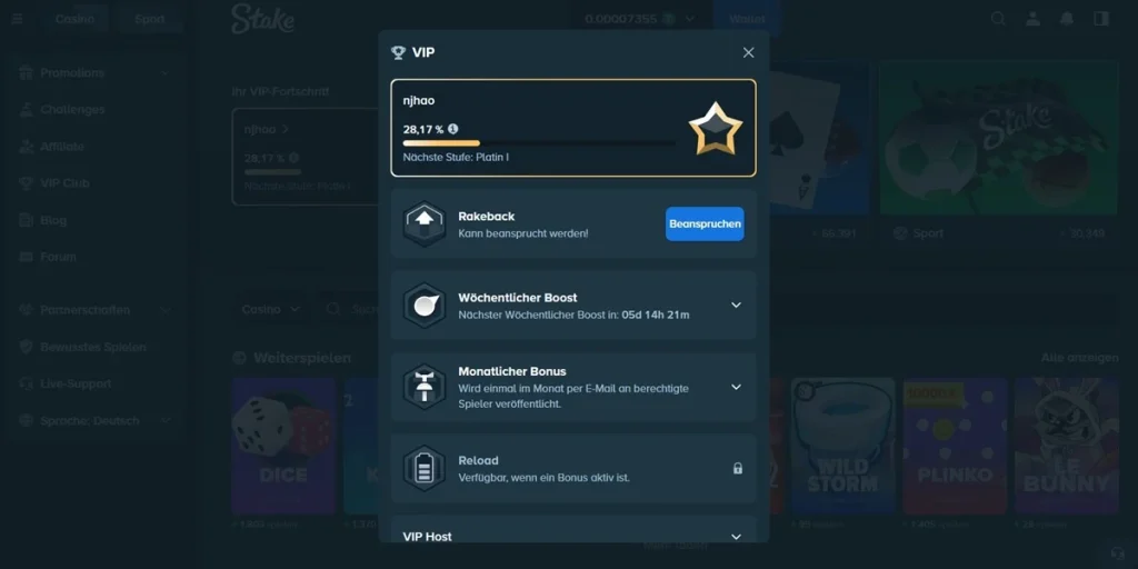 Stake VIP Gold Statistik mit Gesamteinsatz und Anzahl Wetten