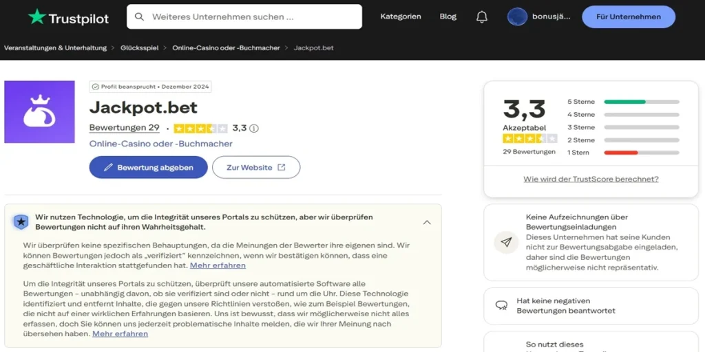 Reputation & Trustpilot Jackpot.Bet