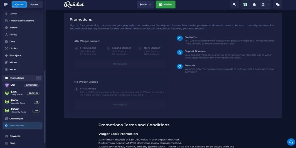 Rainbet Bonusübersicht mit Wager‑Lock und No‑Wager Optionen