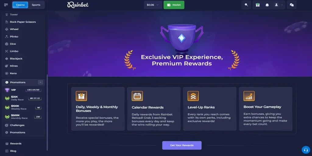 Rainbet VIP‑System mit Rakeback und stufenbasierten Belohnungen