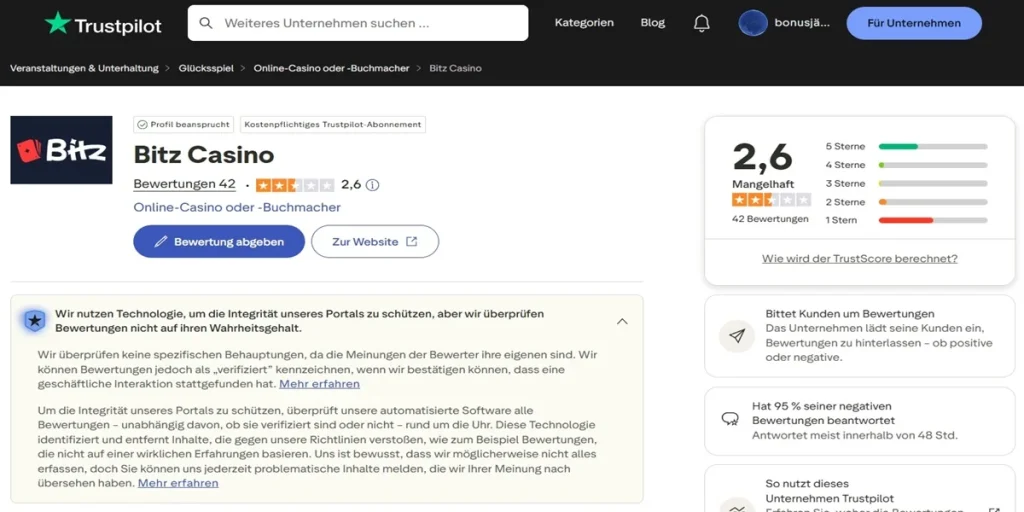 trustpilot bitz casino
