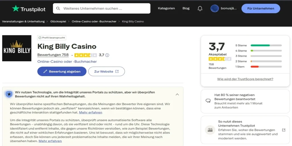 King Billy Casino Trustpilot