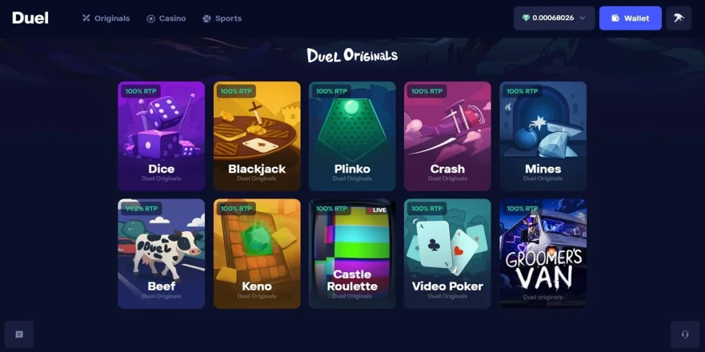 Duel Casino Original Spiele: Plinko, Keno, Mines und 100 Prozent RTP Slot ohne Hausvorteil.