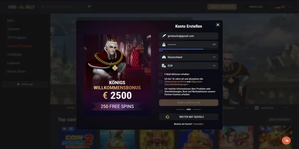 Registrierung und Login bei King Billy Casino