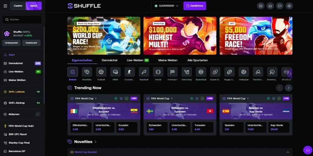 Shuffle Casino WM Wetten ohne Limits